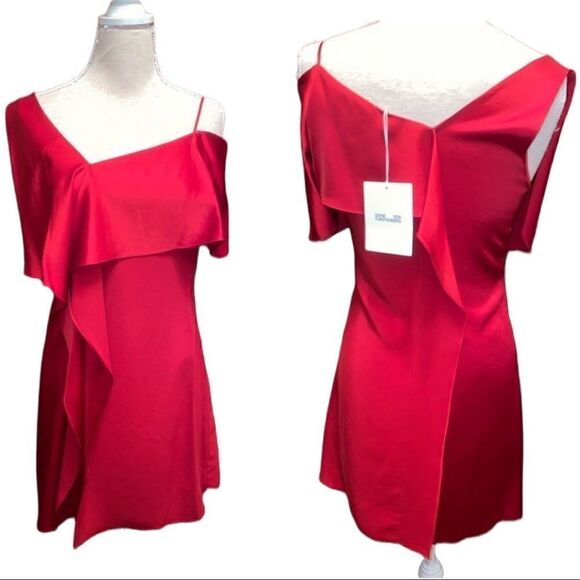 DIANE Von Furstenberg DVF Off-Shoulder Asymmetrical Red Silk Dress - Picture 4 of 4